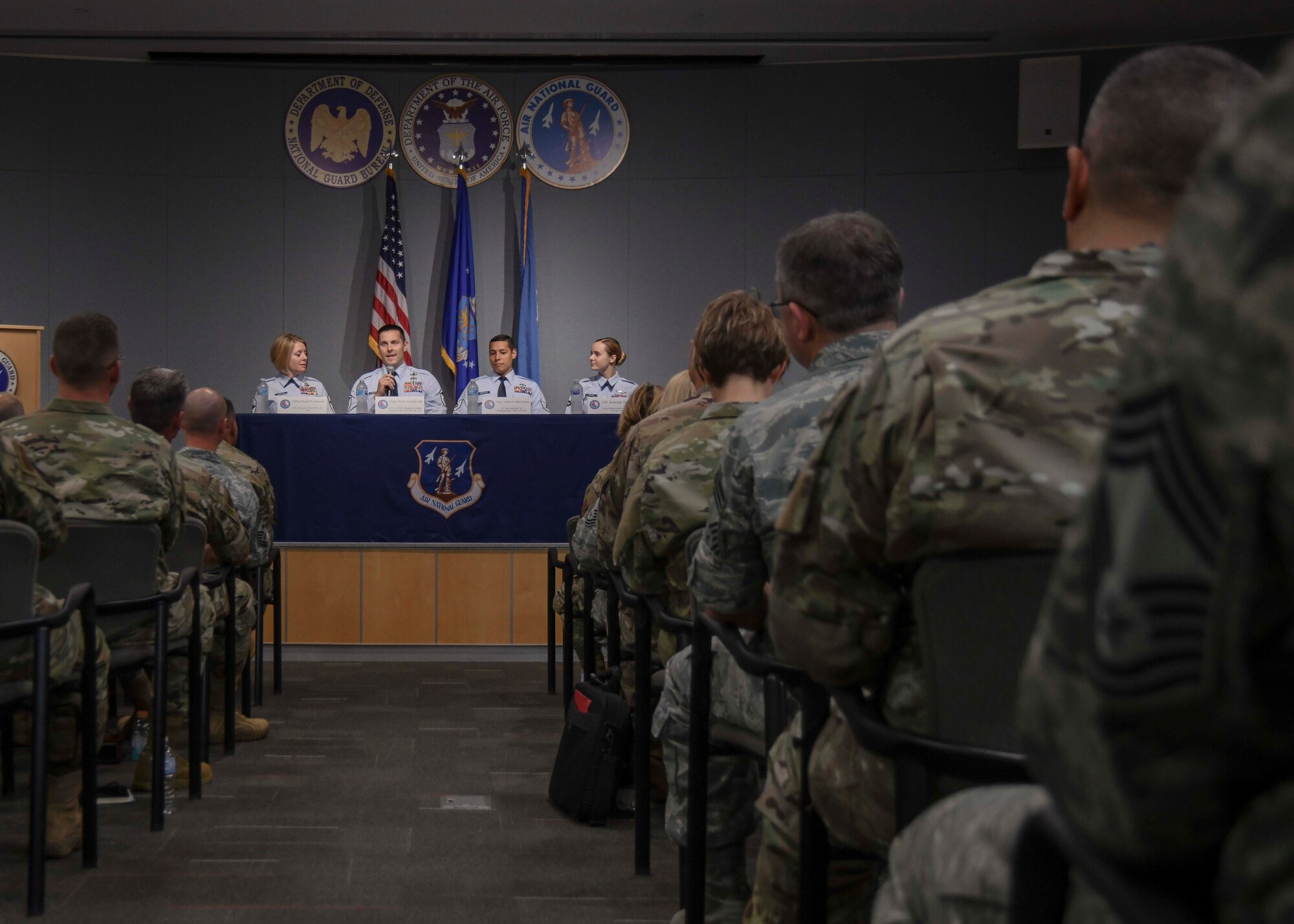 U.S. Airmen representing the four Air National Guard 2019 Outstanding Airmen of the Year participate in a panel discussion at Joint Base Andrews, Md., Aug. 16, 2019. The panel was one event held during the 2019 Focus on the Force Week and was hosted by the Enlisted Field Advisory Council and a class of newly promoted Air National Guard chief master sergeants. (Air National Guard photo by Staff Sgt. Morgan R. Lipinski)
