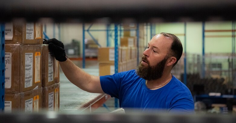 Paul Hight, 50th Logistics Readiness Flight mobility technician, manages inventory in the warehouse at Schriever Air Force Base, Colorado, Aug. 14, 2019. The 50th LRF checks inventory daily to ensure everything is in usable condition. (U.S. Air Force photo by Airman 1st Class Jonathan Whitely)
