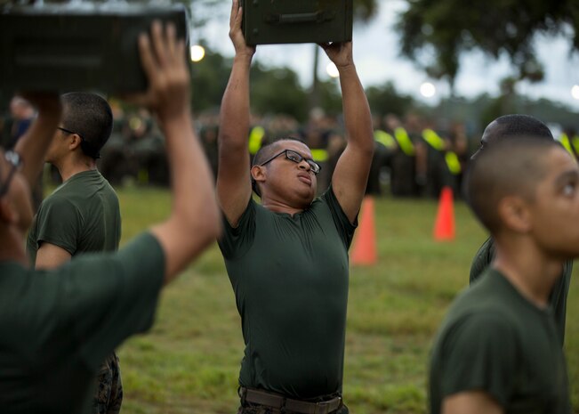 Alberto G. Velazquez, a recruit with Platoon 3074, Company M, 3rd Recruit Training Battalion, Recruit Training Regiment, conducts the Combat Fitness Test aboard Marine Corps Recruit Depot Parris Island, South Carolina on 16 August, 2019. Velazquez was recruited by Gunnery Sgt. Chadwell Cameron, a recruiter with Recruiting Substation Lake Worth. Velazquez is currently on track to graduate recruit training at MCRD Parris Island on October 11, 2019. (U.S. Marine Corps photo by Cpl. Jack A. E. Rigsby)