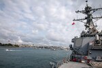 The Arleigh Burke-class guided-missile destroyer USS Porter (DDG 78) makes way to Golcuk, Turkey, for a scheduled port visit, Aug. 16, 2019.