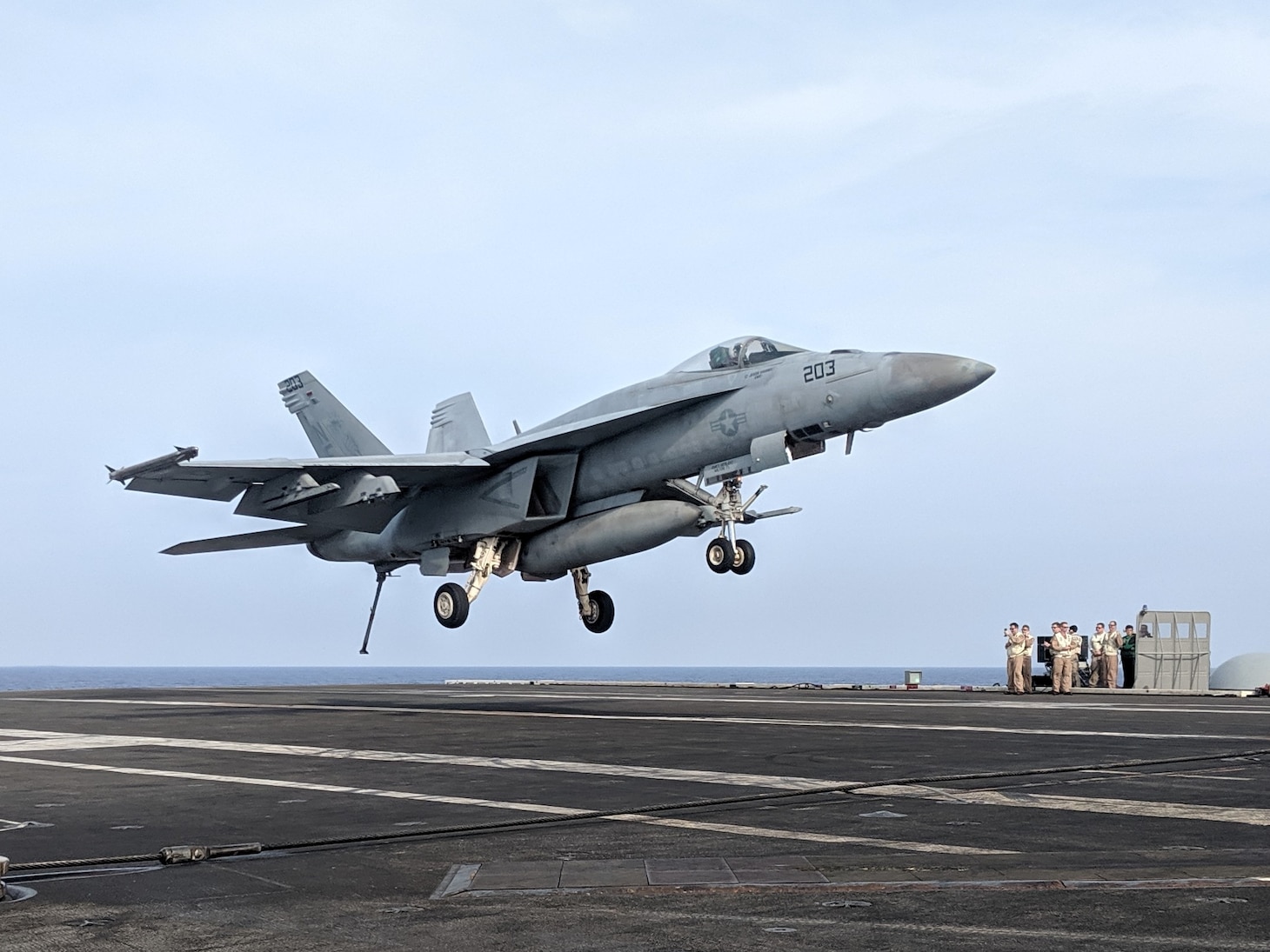 PHILIPPINE SEA (Aug. 17, 2019) Capt. Rovenolt, commanding officer of Carrier Air Wing (CVW) Five lands an F/A-18E Super Hornet, assigned to the "Royal Maces" of Strike Fighter Squadron (VFA) 27, aboard the aircraft carrier USS Ronald Reagan (CVN 76). Ronald Reagan is forward-deployed to the U.S. 7th Fleet area of operations in support of security and stability in the Indo-Pacific region.