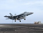 PHILIPPINE SEA (Aug. 17, 2019) Capt. Rovenolt, commanding officer of Carrier Air Wing (CVW) Five lands an F/A-18E Super Hornet, assigned to the "Royal Maces" of Strike Fighter Squadron (VFA) 27, aboard the aircraft carrier USS Ronald Reagan (CVN 76). Ronald Reagan is forward-deployed to the U.S. 7th Fleet area of operations in support of security and stability in the Indo-Pacific region.