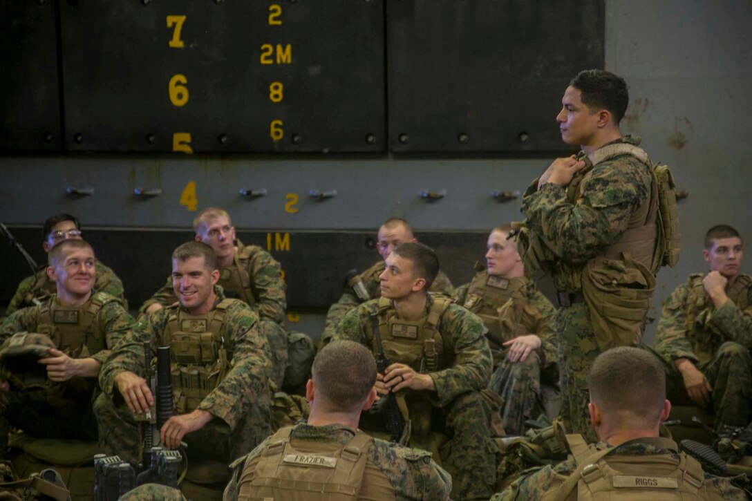 Marines with Fox Company, Battalion Landing Team, 2nd Battalion, 1st Marines, stage gear during an exercise aboard the amphibious transport dock USS Green Bay (LPD 20), underway in the Philippine Sea, June 10, 2019. The 31st Marine Expeditionary Unit, the Marine Corps’ only continuously forward-deployed MEU, provides a flexible and lethal force ready to perform a wide range of military operations as the premier crisis response force in the Indo-Pacific region. (U.S. Marine Corps photo by Lance Cpl. Kyle P. Bunyi)