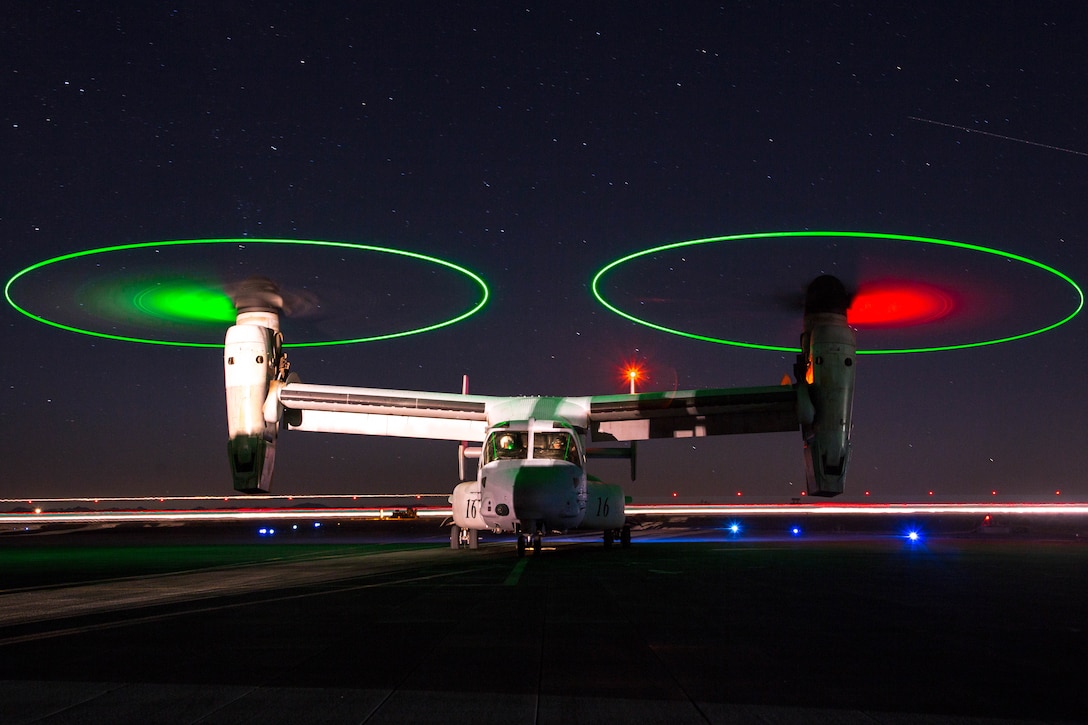 A U.S. Marine Corps MV-22B Osprey with Marine Medium Tiltrotor Squadron 263, prepares for a night flight during Integrated Training Exercise 5-19 at Marine Corps Air Ground Combat Center, Twentynine Palms, California, August 16, 2019. ITX 5-19 is a large-scale, combined-arms training exercise that produces combat-ready forces capable of operating as an integrated Marine Air-Ground Task Force.