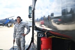 U.S. Air Force Airman 1st Class Christopher Flores-Rivera, 48th Logistics Readiness Squadron fuels distribution operator apprentice, monitors a fuel line on the flightline at Royal Air Force Lakenheath, England, Aug. 13, 2019. The Fuels Management Flight acquires, manages, distributes and maintains the fuel necessary to ensure aircraft from assigned to the 48th Fighter Wing are ready to fly. (U.S. Air Force photo by Airman 1st Class Shanice Williams-Jones)