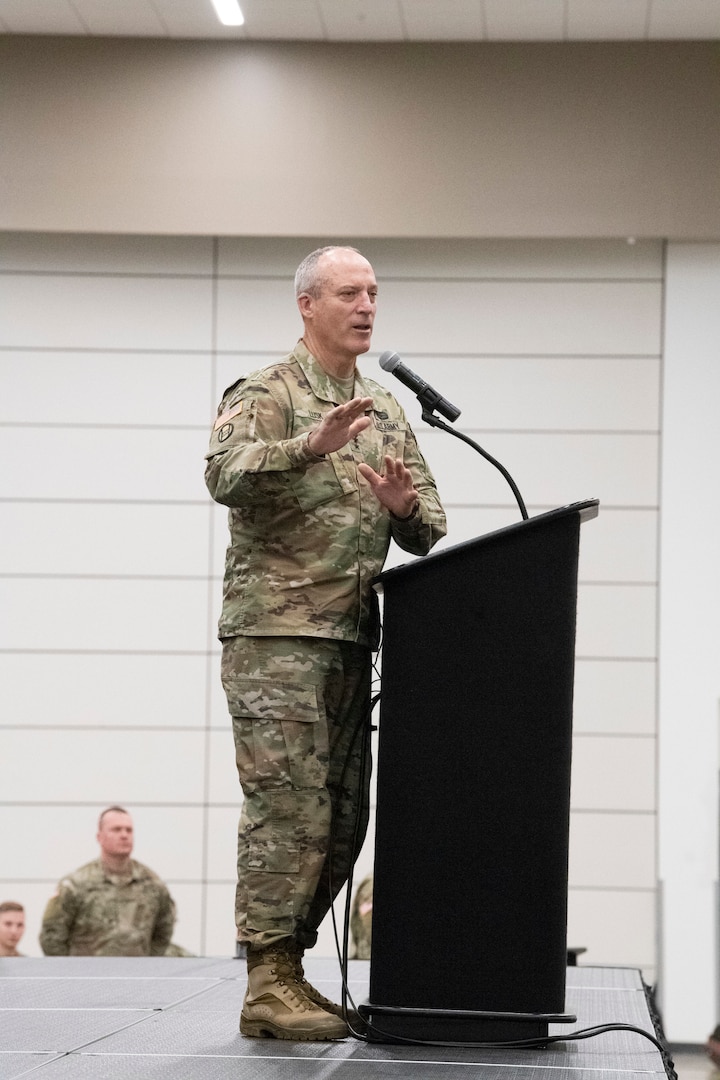 Maj. Gen. Gregory Lusk, Adjutant General of the North Carolina National Guard, speaks to a crowd of Soldiers and families of the 1st Squadron, 150th Cavalry Regiment during a yellow ribbon deployment event held Aug. 16, 2019, at the Charleston Coliseum and Convention Center in Charleston, W.Va. More than 500 Soldiers of the 1st Squadron, 150th Cavalry Regiment; 1st Battalion, 201st Field Artillery Regiment; and D. Company, 230 Brigade Support Battalion, will join the North Carolina National Guard’s 30th Armored Brigade Combat Team (ABCT) for a deployment to the Middle East in support of Operation Spartan Shield in the coming months. (U.S. Army National Guard photo by Bo Wriston)