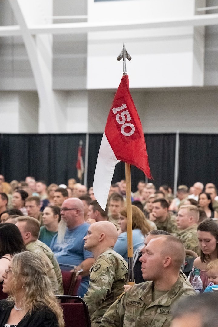 Soldiers and families of the 1st Squadron, 150th Cavalry Regiment listen to guest speakers during a yellow ribbon deployment event held Aug. 16, 2019, at the Charleston Coliseum and Convention Center in Charleston, W.Va. More than 500 Soldiers of the 1st Squadron, 150th Cavalry Regiment; 1st Battalion, 201st Field Artillery Regiment; and D. Company, 230 Brigade Support Battalion, will join the North Carolina National Guard’s 30th Armored Brigade Combat Team (ABCT) for a deployment to the Middle East in support of Operation Spartan Shield in the coming months. (U.S. Army National Guard photo by Bo Wriston)