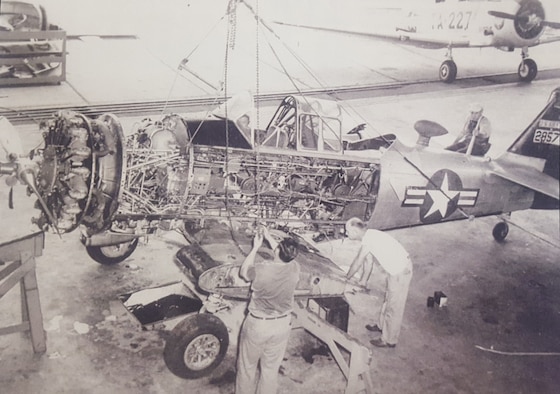 Maintenance being done on an AT-6 Texan. When the Air Force became a separate service, it consolidated pilot training from three phases- primary, basic and advanced-to two phases- basic and advanced, which later became known as the primary and basic phases.