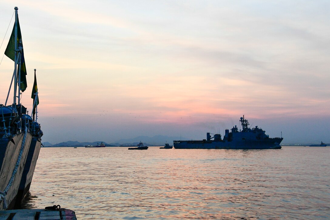 USS Carter Hall pulls into the port of Rio De Janeiro.