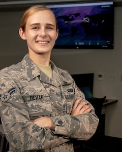 U.S. Air Force Airman 1st Class Kaleigh M. Bevan, a cyberwarfare operator assigned to the 184th Intelligence Wing, Kansas Air National Guard, poses for an award portrait in Wichita, Kansas, July 19, 2019. Bevan was recognized as the Air National Guard’s 2019 Outstanding Airman of the Year.