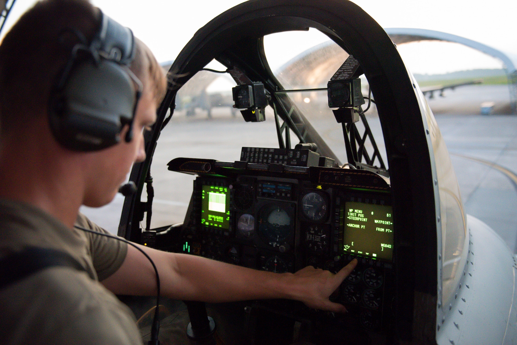Airman 1st Class Tanner Giroux, 75th Aircraft Maintenance Unit (AMU) avionics technician, checks avionics systems from the cockpit of an A-10C Thunderbolt II, Aug. 9, 2019, at Moody Air Force Base, Ga. The 75th AMU is responsible for the upkeep and maintenance of the Air Force’s largest operational A-10C Thunderbolt II fighter group. (U.S.  Air Force photo by 2nd Lt. Kaylin P. Hankerson)