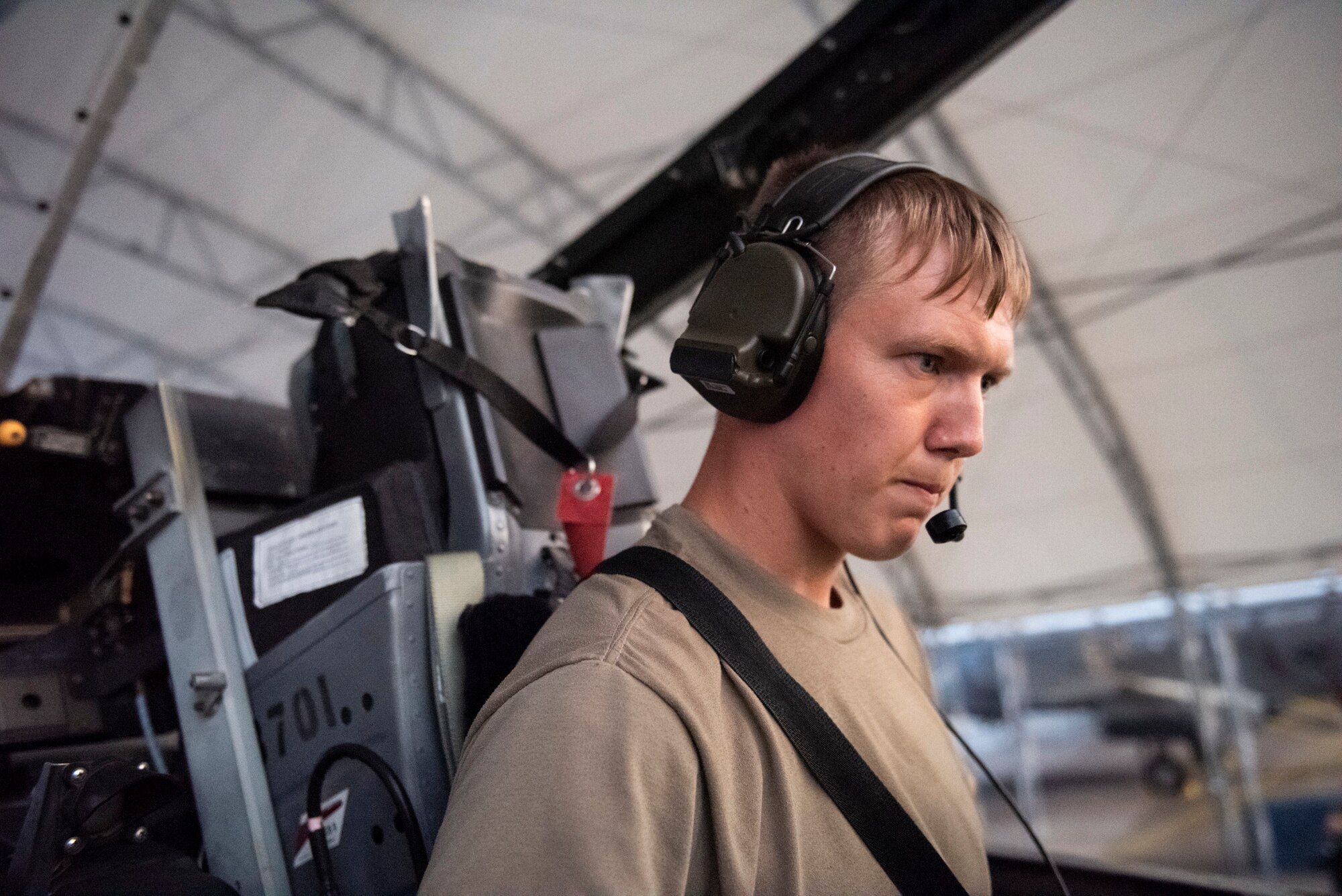 Airman 1st Class Tanner Giroux, 75th Aircraft Maintenance Unit (AMU) avionics technician, checks avionics systems from the cockpit of an A-10C Thunderbolt II, Aug. 9, 2019, at Moody Air Force Base, Ga. The 75th AMU is responsible for the upkeep and maintenance of the Air Force’s largest operational A-10C Thunderbolt II fighter group. (U.S.  Air Force photo by 2nd Lt. Kaylin P. Hankerson)