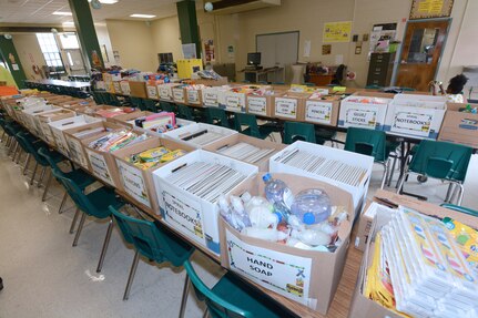 187th Medical Battalion Soldiers delivered donated supplies at Briscoe Elementary School Aug. 8.