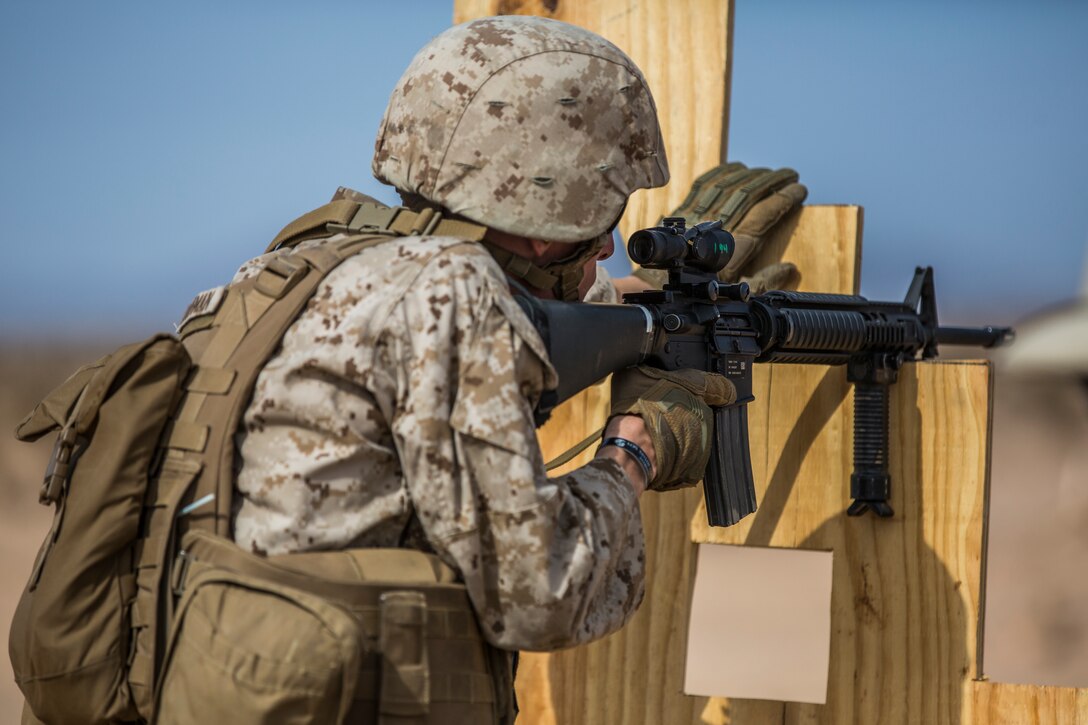 U.S. Marines stationed on Marine Corps Air Station (MCAS) Yuma, Ariz., conduct live-fire training qualifications during tables three and four of Combat Marksmanship Coach's Course 3-19 at MCAS Yuma's Range 1 , July 29, 2019. Tables three and four require that Marines shoot targets at unknown distances from supporting firing positions. (U.S. Marine Corps photo by Cpl. Sabrina Candiaflores)