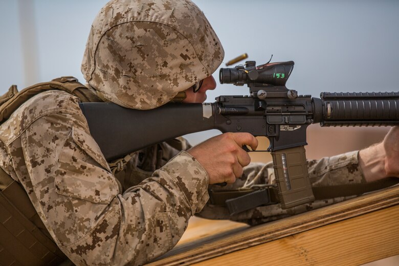 U.S. Marines stationed on Marine Corps Air Station (MCAS) Yuma, Ariz., conduct live-fire training qualifications during tables three and four of Combat Marksmanship Coach's Course 3-19 at MCAS Yuma's Range 1 , July 29, 2019. Tables three and four require that Marines shoot targets at unknown distances from supporting firing positions. (U.S. Marine Corps photo by Cpl. Sabrina Candiaflores)