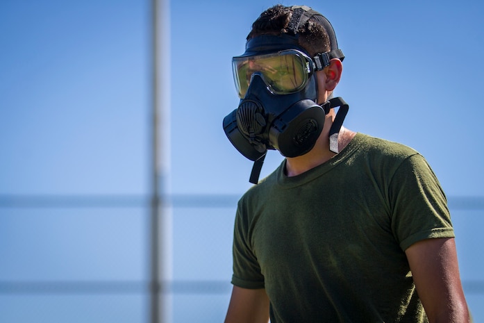 U.S. Marines stationed at Marine Coprs Air Station (MCAS) Yuma, recieve their training in order to become a squadron decontamination team at MCAS Yuma, Ariz., August 14, 2019. Each squadron is required to have a decontamination team that is trained quarterly by a Chemical, Biological, Radiological and Nuclear Defense Specialist. (U.S. Marine Corps photo by Lance Cpl. John Hall)