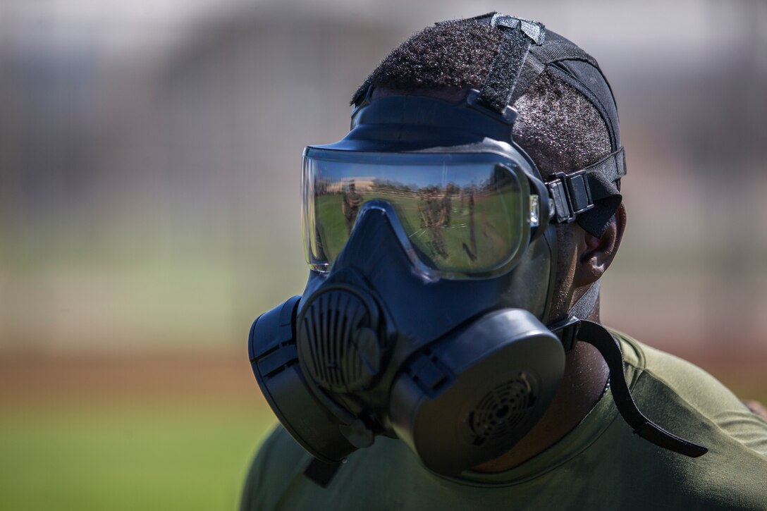 U.S. Marines stationed at Marine Coprs Air Station (MCAS) Yuma, recieve their training in order to become a squadron decontamination team at MCAS Yuma, Ariz., August 14, 2019. Each squadron is required to have a decontamination team that is trained quarterly by a Chemical, Biological, Radiological and Nuclear Defense Specialist. (U.S. Marine Corps photo by Lance Cpl. John Hall)