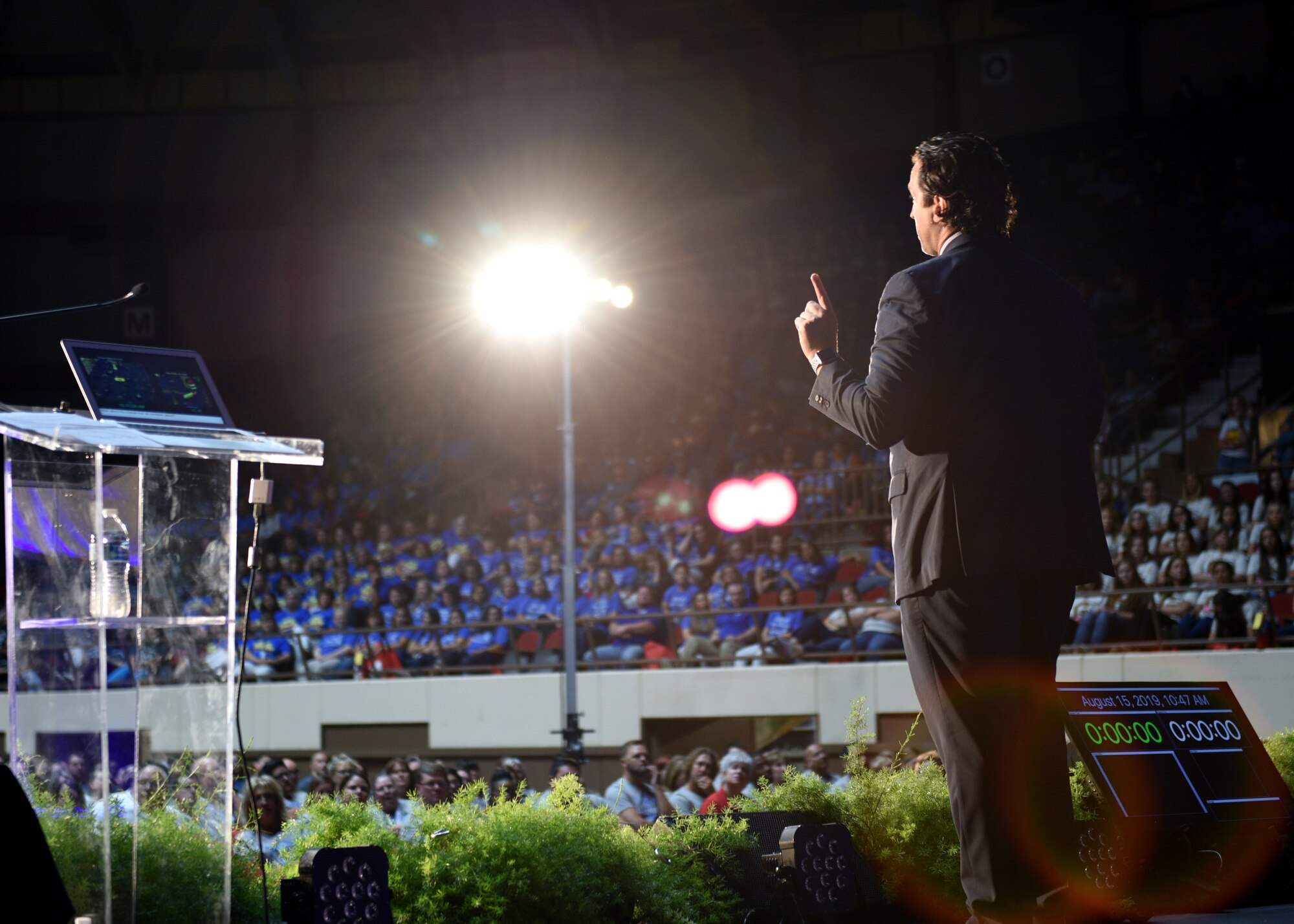 George Coursos, author of “Innovate Inside the Box,” presents San Angelo Independent School District staff with his views and principles on how to create innovative learners during the SAISD Convocation at the Foster Communications Coliseum in San Angelo, Texas August 15, 2019. Couros encouraged faculty to create a collaborative environment within the schools to allow students to reach their full potential. (U.S. Air Force photo by Airman 1st Class Robyn Hunsinger/Released)
