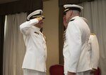 190816-N-KP445-1074 NORFOLK, VA (August 16, 2019) Capt. Tim Barney salutes Capt. Dan Lannamann as he relieves him of his duties as commanding officer of Mid-Atlantic Regional Maintenance Center during a change of command ceremony held at the Vista Point Conference Center aboard Naval Station Norfolk Aug. 16. (U.S. Navy Photo by Hendrick L. Dickson/Released)(U.S. Navy Photo by Hendrick L. Dickson/Released)