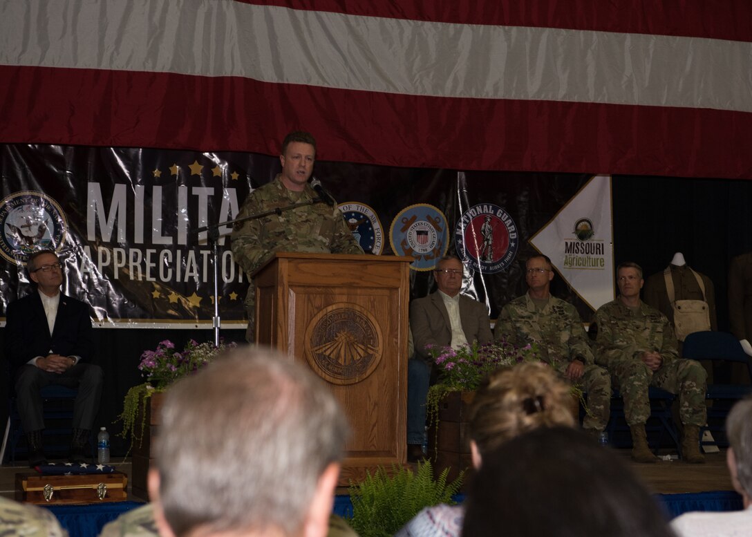Col. Jeffrey T. Schreiner, the 509th Bomb Wing Commander, speaks during a ceremony for the Missouri State Fair Military Appreciation Day on August 11, 2019, in Sedalia, Missouri. Schreiner, a Missouri native, spoke about the accomplishments of the 509th BW and how the communities supporting the wing and Whiteman Air Force Base, Missouri, have made it possible. (U.S. Air Force photo by Airman 1st Class Parker J. McCauley)