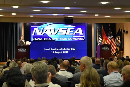 Washington, DC (August 13, 2019) -- Mr. Jim Smerchansky, NAVSEA Executive Director, kicks off Small Business Industry Day in the Humphreys auditorium.