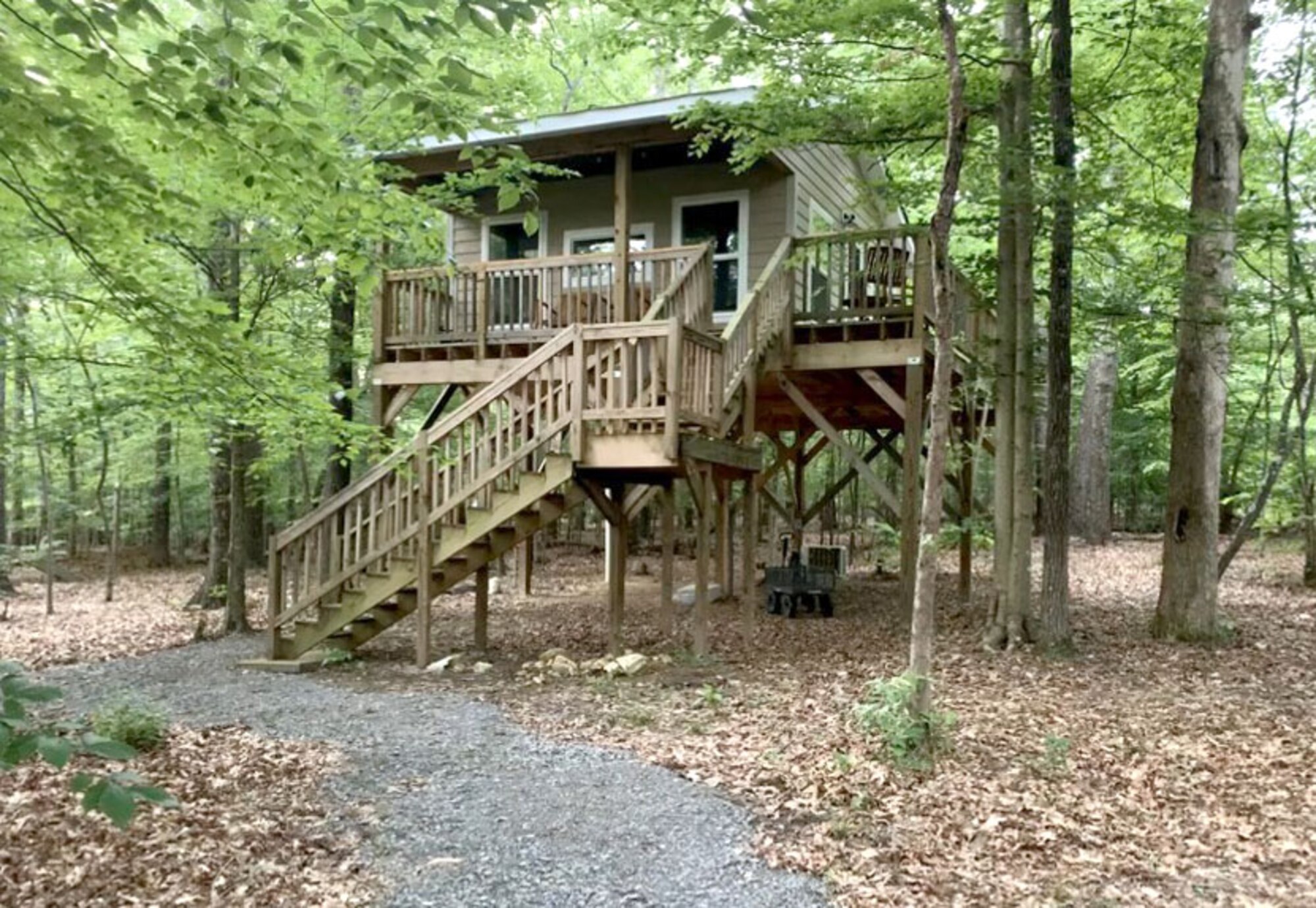 Mike Dent, Chief of the Capital Improvements Branch at Arnold Air Force Base, recently built a “treehouse” near his residence in Tullahoma. He got the idea to construct the treehouse as there was already an existing one in same area. However, due to stability and safety issues, Dent started from scratch and built his own treehouse, with full heating and air, electricity, running water and plumbing, as seen in this photo. (Courtesy photo by Mike Dent)