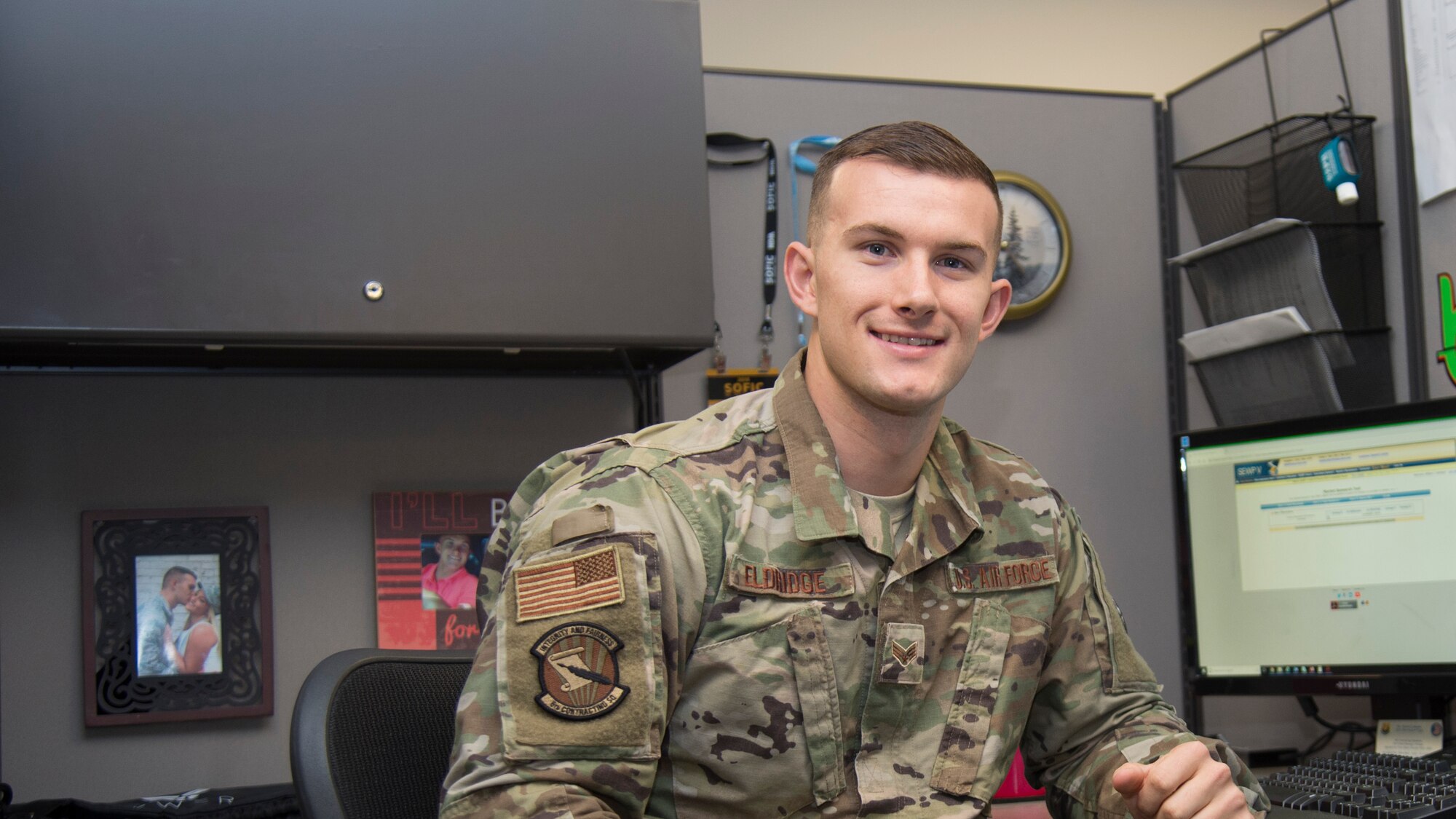 U.S. Air Force Senior Airman William Eldridge, a 6th Contracting Squadron contracting specialist poses for a photo Aug. 15, 2019 at MacDill Air Force Base, Fla.  Eldridge supported Air Force level Small Business Innovation Research events in Austin, Texas, and Boston, awarding nearly $149.5 million in contracts to developers. (U.S. Air Force photo by Airman 1st Class Shannon Bowman)