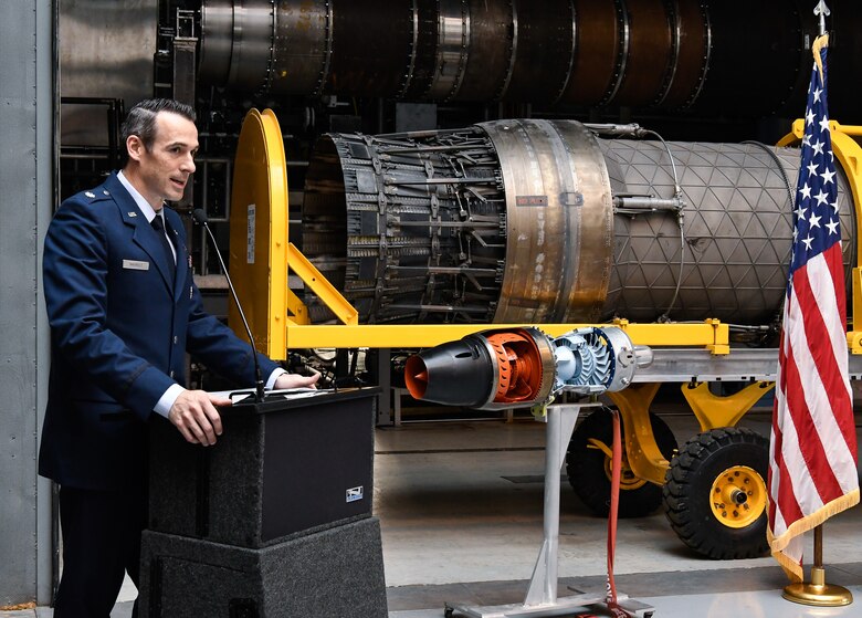 Lt. Col. Lane Haubelt speaks after accepting responsibility of the AEDC Aeropropulsion Combined Test Force during a Change of Leadership Ceremony July 12 at the Sea Level 2 Test Cell at Arnold Air Force Base. (U.S. Air Force photo by Jill Pickett)