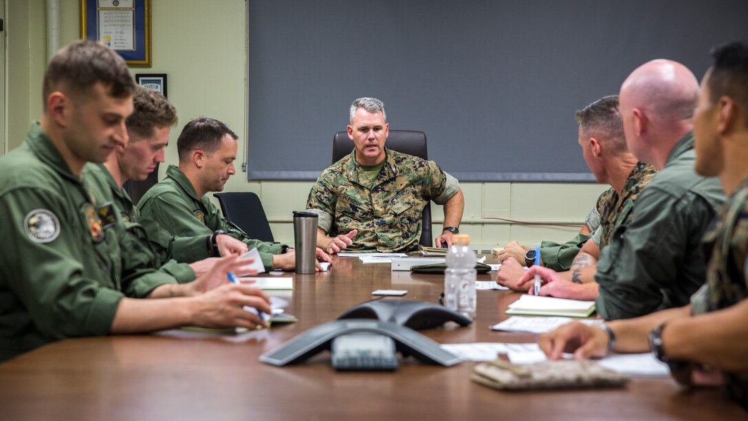 U.S. Marine Corps Col. Andrew T. Priddy, the commanding officer of the 13th Marine Expeditionary Unit, I Marine Expeditionary Force, meets with leadership from Marine Medium Tilt-Rotor Squadron-166 at Camp Pendleton, Calif. August 16, 2019. Marines with the 13th MEU and VMM-166 gathered to discuss future integration as part of a Marine Air Ground Task Force. The 13th MEU is a highly capable and scalable MAGTF, ready to conduct a wide range of military operations globally.
