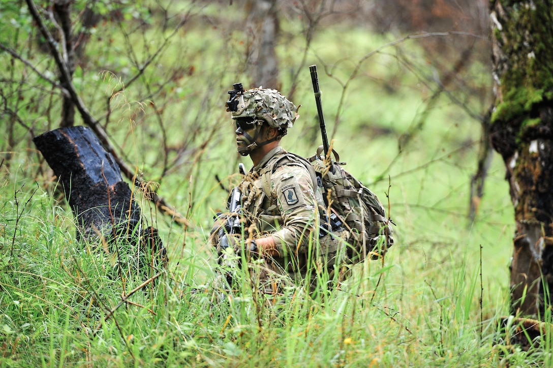 A soldier wearing camo and gear walks among tall grass.