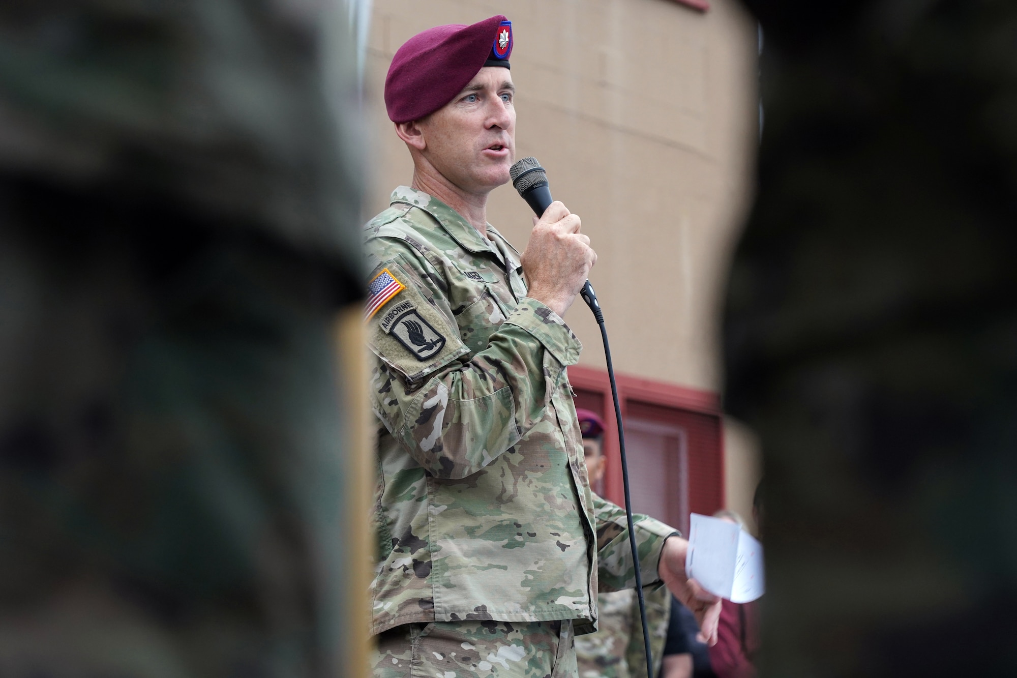 Army Lt. Col. Matt Myer speaks to his paratroopers assigned to the 1st Battalion, 501st Parachute Infantry Regiment, 4th Infantry Brigade Combat Team (Airborne), 25th Infantry Division, U.S. Army Alaska, veterans of the unit, dependents, and honored guests during ’Geronimo Week' festivities on Joint Base Elmendorf-Richardson, Alaska, Aug. 14, 2019, celebrating the unit's lineage. The regiment was activated on Nov. 15, 1942, at Camp Toccoa, Ga., served with distinction in World War II, the Cold War, Vietnam, as well as the Global War on Terror and continues to uphold the high standards expected of an airborne unit in peacetime duties and on the field of battle.