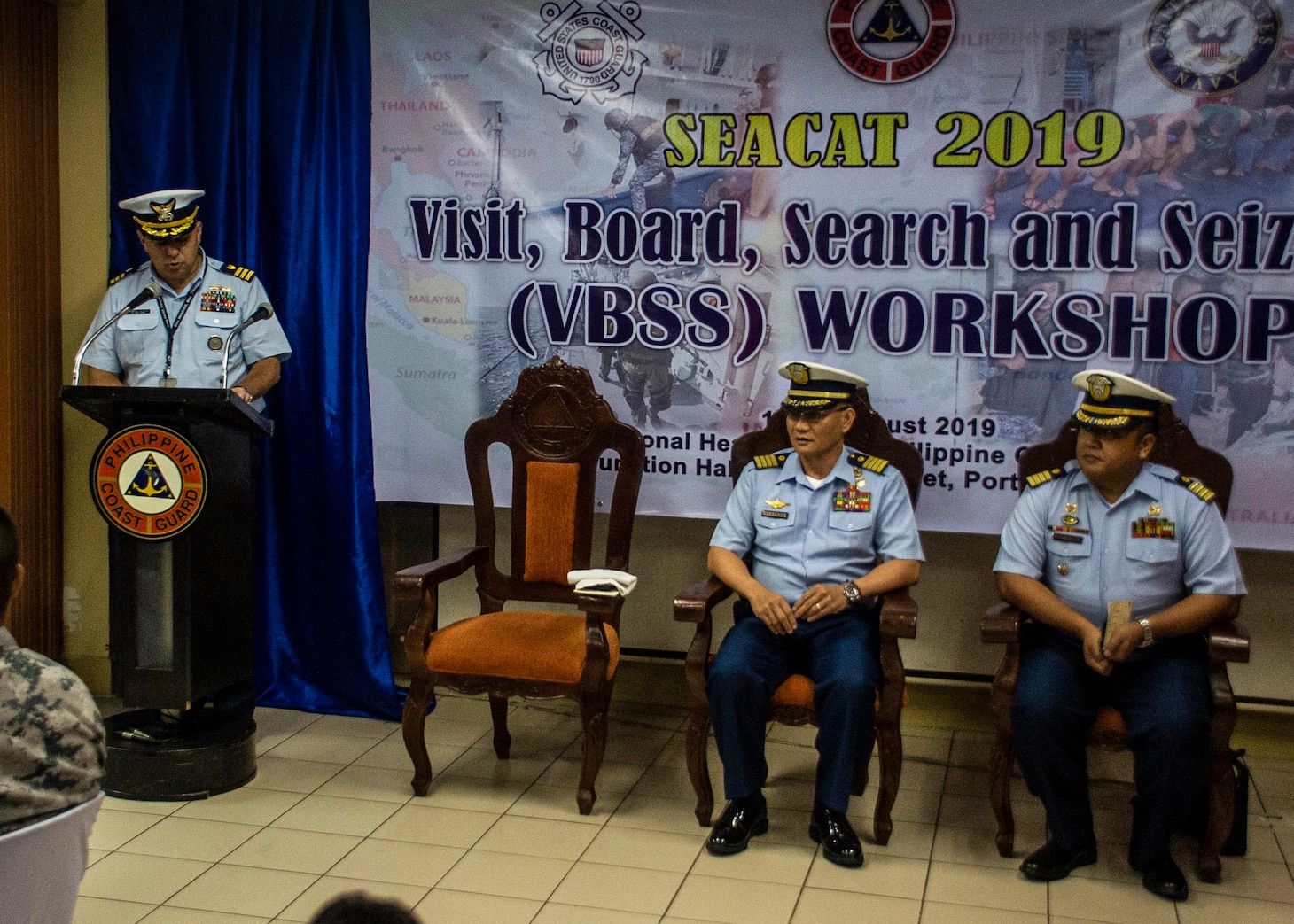 MANILA, Philippines (Aug. 19, 2019). U.S. Coast Guard Cmdr. David Negron-Alicea, Defense Threat Reduction Agency maritime advisor for U.S. Embassy Manila, delivers keynote remarks during the visit, board, search and seizure workshop as part of Southeast Asia Cooperation and Training (SEACAT) 2019 at the Philippine Coast Guard Headquarters in Manila. This year marks the 18th iteration of SEACAT, which is designed to enhance maritime security skills by highlighting the value of information sharing and multilateral coordination.