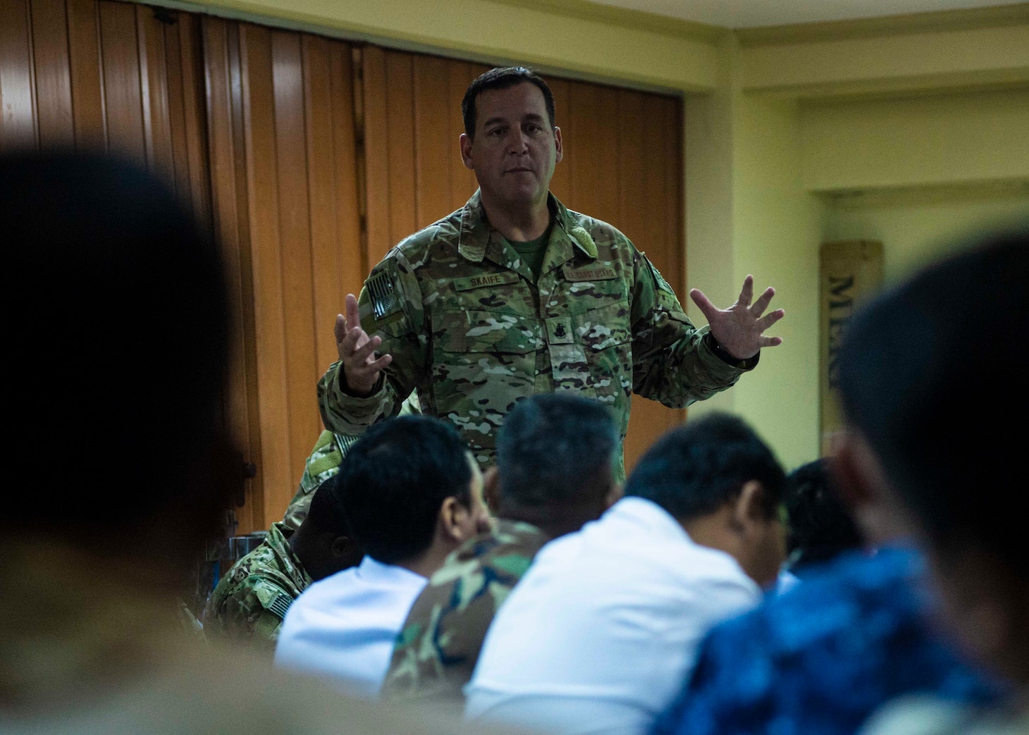 MANILA, Philippines (Aug. 19, 2019) U.S. Coast Guard Chief Maritime Enforcement Specialist Eric Skaife, assigned to Tactical Law Enforcement Team Pacific, briefs international laws and use of force to Indo-Pacific partners during Southeast Asia Cooperation and Training (SEACAT) 2019 at the Philippine Coast Guard Headquarters in Manila. This year marks the 18th iteration of SEACAT, which is designed to enhance maritime security skills by highlighting the value of information sharing and multilateral coordination.
