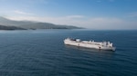 The hospital ship USNS Comfort prepares to anchor.