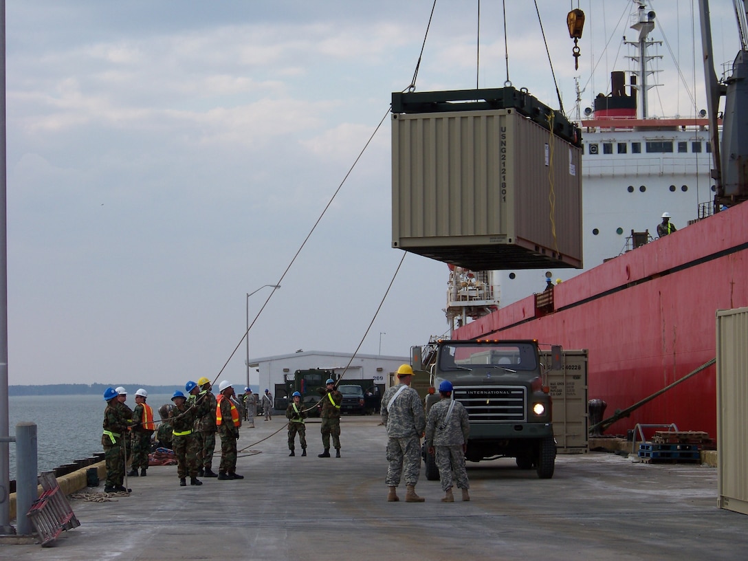 Subsistence items and other supplies are loaded in containers aboard a Military Sealift Command-chartered cargo ship in Norfolk, Va. in preparation for the Pacer Goose Sustainment July 6, 2012. Pacer Goose, the annual summer resupply mission to Thule Air Force Base in Pituffik, Greenland, provides a main supply line for the area located halfway between the North Pole and the Arctic Circle. (U.S. Navy photo by Brian Hill/Released)