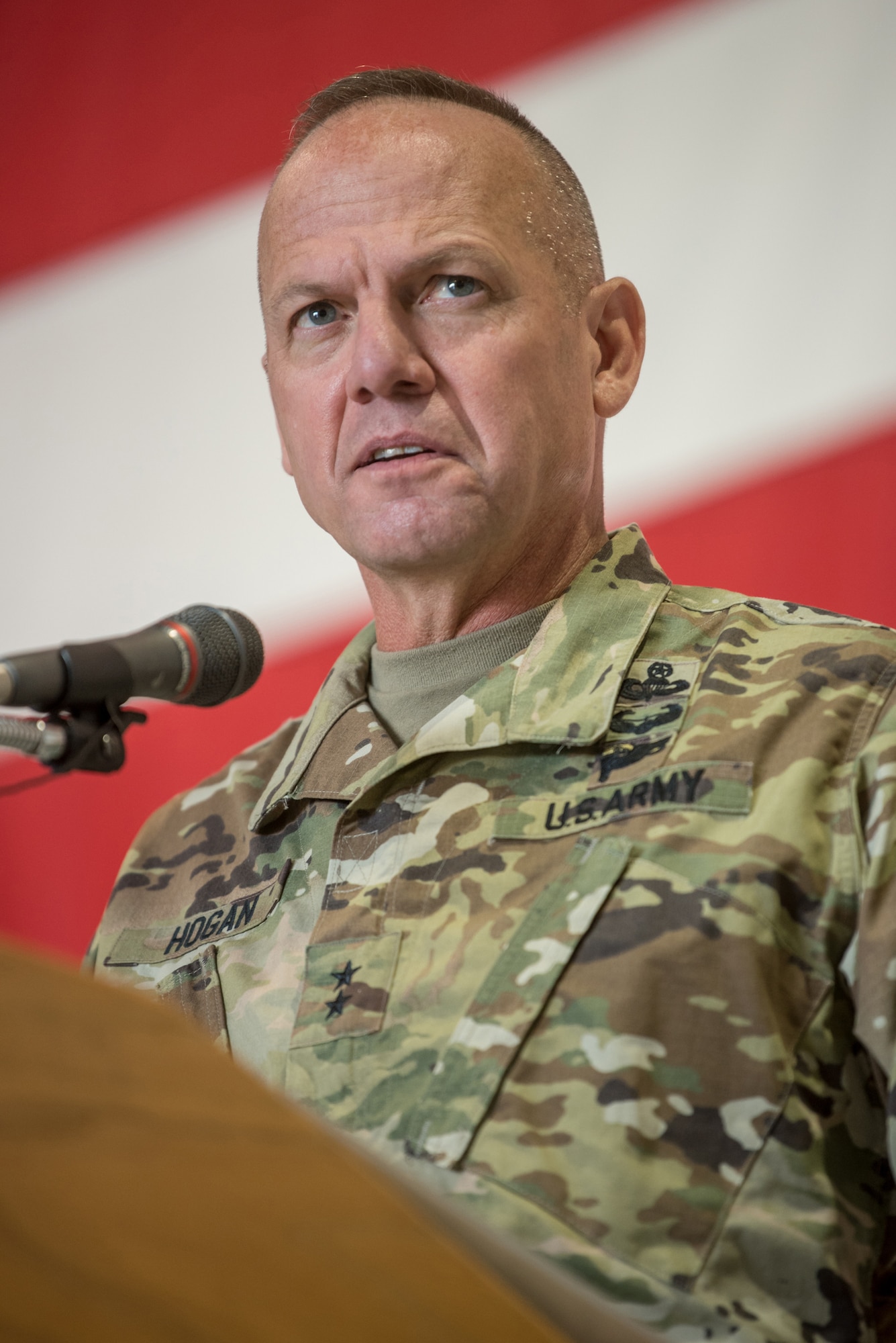 U.S. Army Maj. Gen. Stephen Hogan, Kentucky’s adjutant general, speaks at a transfer-of-responsibility ceremony at the Kentucky Air National Guard Base in Louisville, Ky., Aug. 11, 2019. Brig. Gen. Jeffrey Wilkinson assumed command of the Kentucky Air National Guard at the ceremony, replacing Brig. Gen. Warren Hurst, who is stepping down as assistant adjutant general for Air. (U.S. Air National Guard photo by Staff Sgt. Joshua Horton)