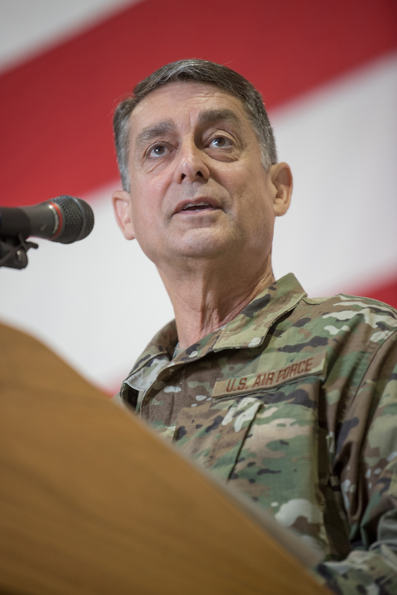 Brig. Gen. Warren Hurst, the outgoing assistant adjutant general for Air, Kentucky, speaks during a transfer-of-responsibility ceremony at the Kentucky Air National Guard Base in Louisville, Ky., Aug. 11, 2019. Taking his place as Kentucky’s next assistant adjutant general for Air is Brig. Gen. Jeffrey Wilkinson. (U.S. Air National Guard photo by Staff Sgt. Joshua Horton)