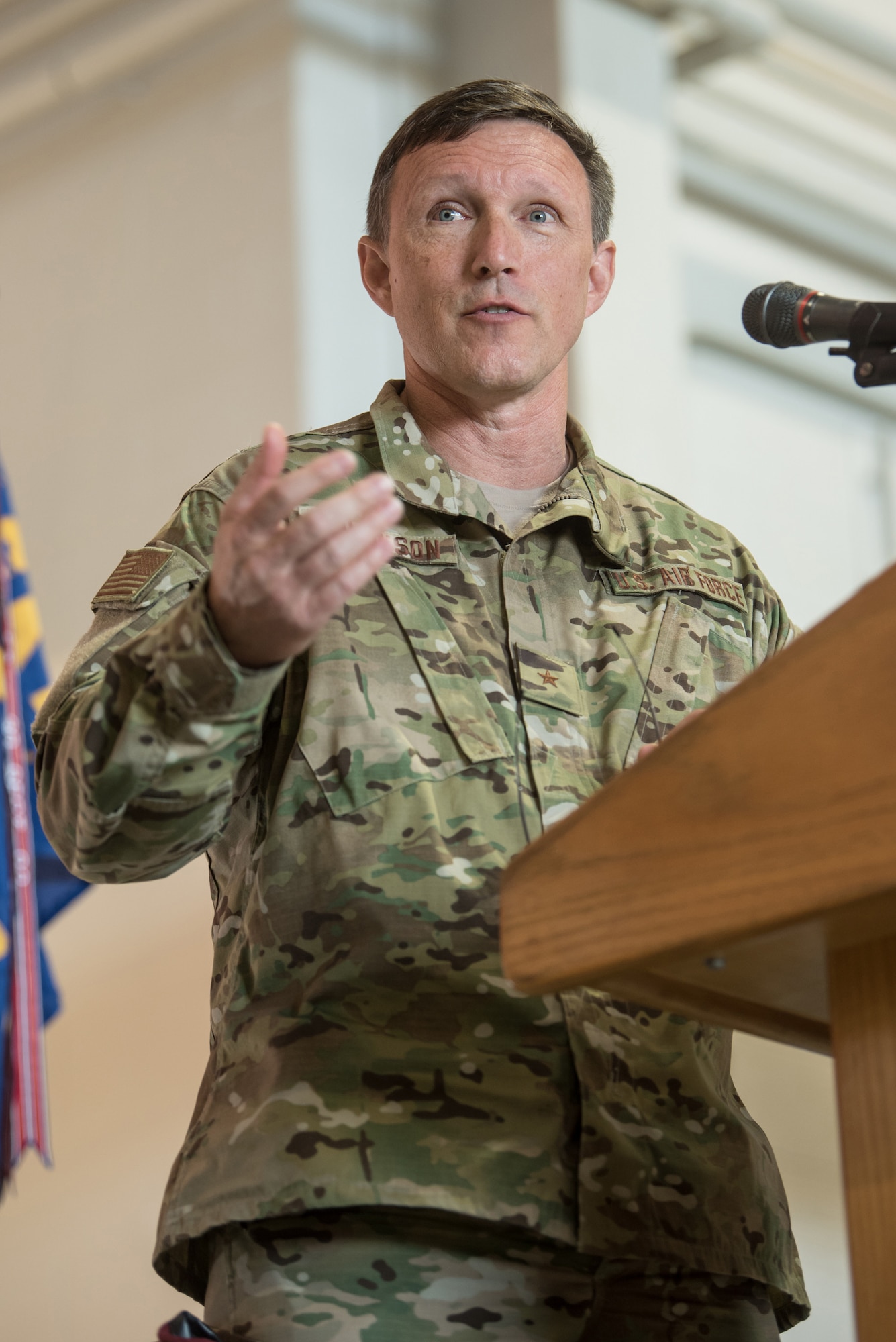 Brig. Gen. Jeffrey Wilkinson, Kentucky’s new assistant adjutant general for Air, speaks at a transfer-of-responsibility ceremony at the Kentucky Air National Guard Base in Louisville, Ky., Aug. 11, 2019. Wilkinson replaces Brig. Gen. Warren Hurst, who held the post for six years. (U.S. Air National Guard photo by Staff Sgt. Joshua Horton)