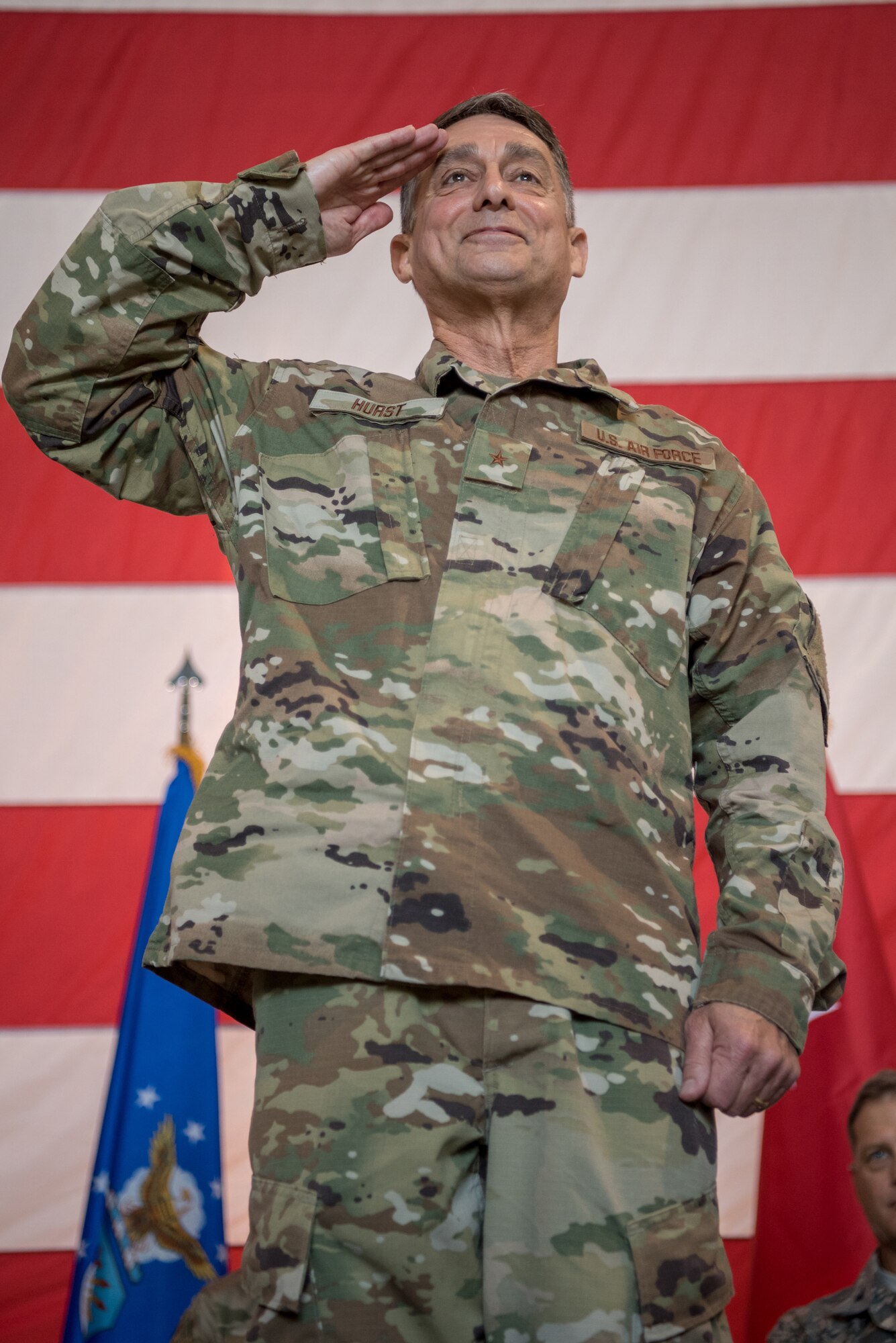Brig. Gen. Warren Hurst renders his final salute as Kentucky’s assistant adjutant general for Air during a transfer-of-responsibility ceremony at the Kentucky Air National Guard Base in Louisville, Ky., Aug. 11, 2019. Taking his place is Brig. Gen. Jeffrey Wilkinson, who most recently served as vice commander of the 123rd Airlift Wing. (U.S. Air National Guard photo by Staff Sgt. Joshua Horton)
