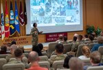 Brig. Gen. Wendy Harter, Brooke Army Medical Center commanding general, responds to a question during her first all-hands town hall Aug. 14.