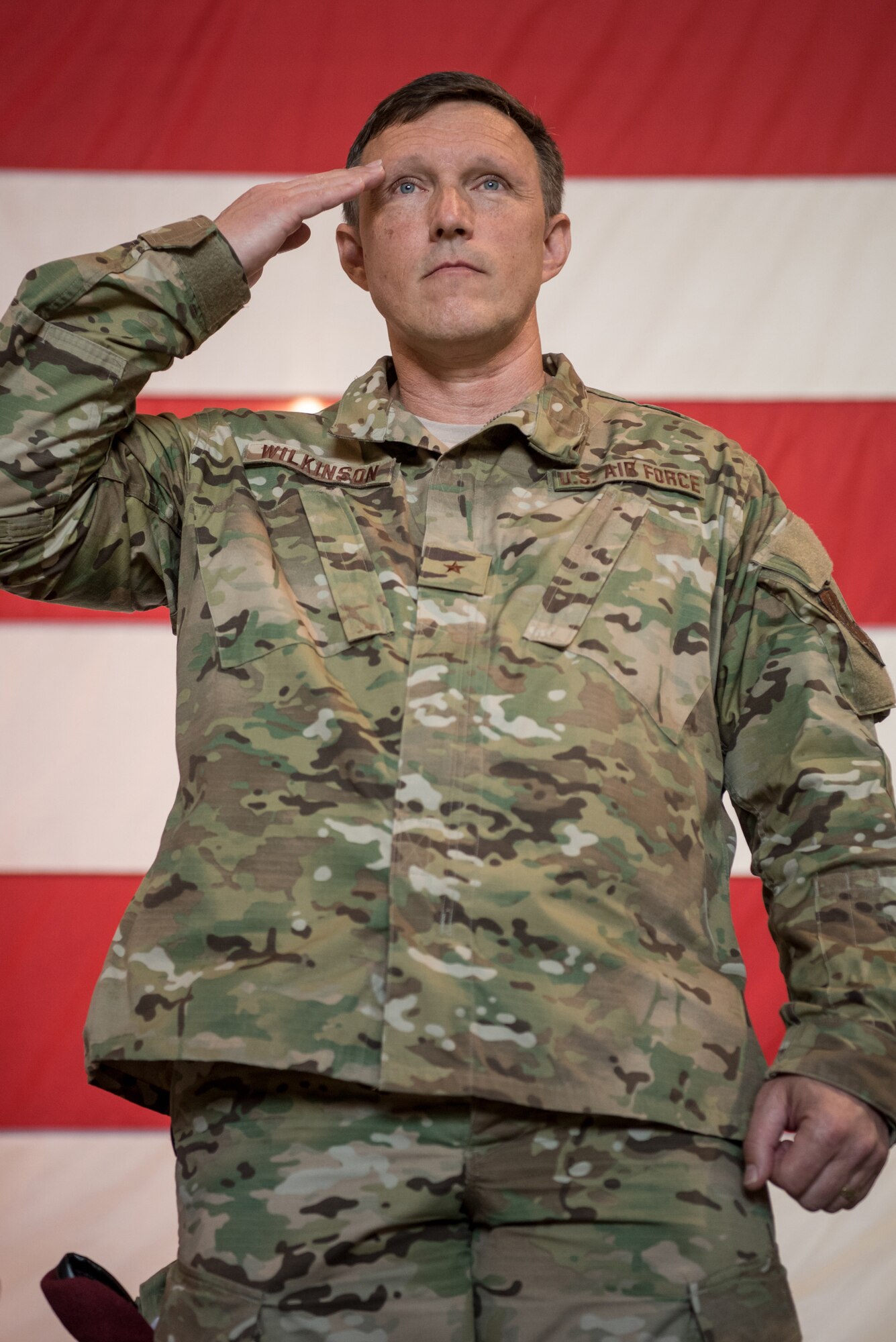 Brig. Gen. Jeffrey Wilkinson receives his first salute as Kentucky’s new assistant adjutant general for Air during a transfer-of-responsibility ceremony at the Kentucky Air National Guard Base in Louisville, Ky., Aug. 11, 2019. Wilkinson replaces Brig. Gen. Warren Hurst, who held the post for six years. (U.S. Air National Guard photo by Staff Sgt. Joshua Horton)