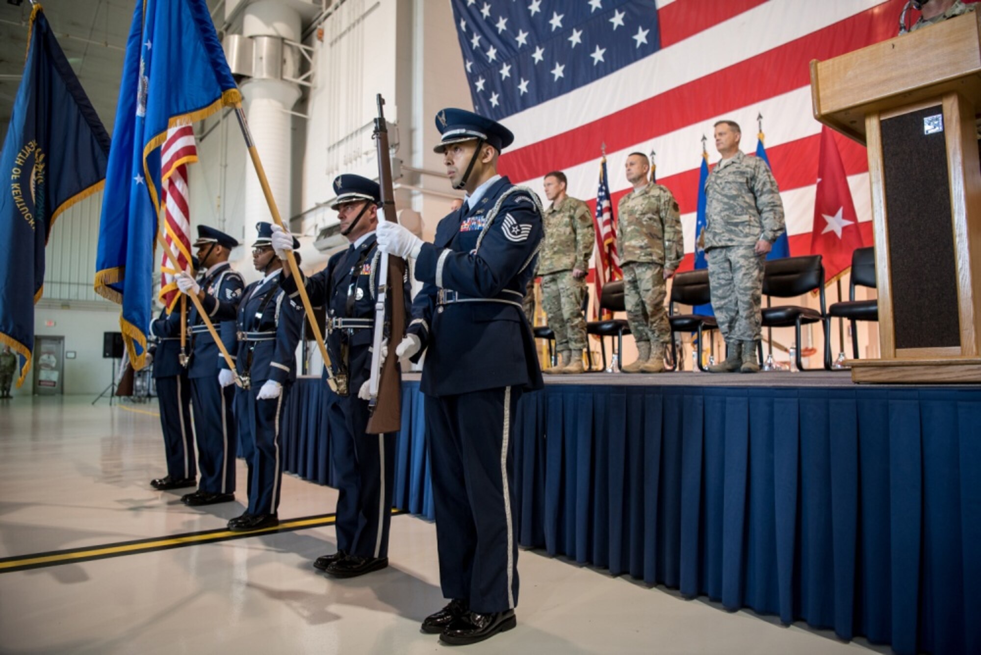 The 123rd Airlift Wing Honor Guard presents the colors during a transfer-of-responsibility ceremony at the Kentucky Air National Guard Base in Louisville, Ky., Aug. 11, 2019. Brig. Gen. Jeffrey Wilkinson assumed command of the Kentucky Air National Guard at the ceremony, replacing Brig. Gen. Warren Hurst, who is stepping down as assistant adjutant general for Air. (U.S. Air National Guard photo by Staff Sgt. Joshua Horton)