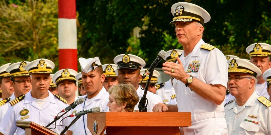 U.S. Navy Admiral Craig Faller, commander, U.S. Southern Command, speaks to UNITAS LX participants.