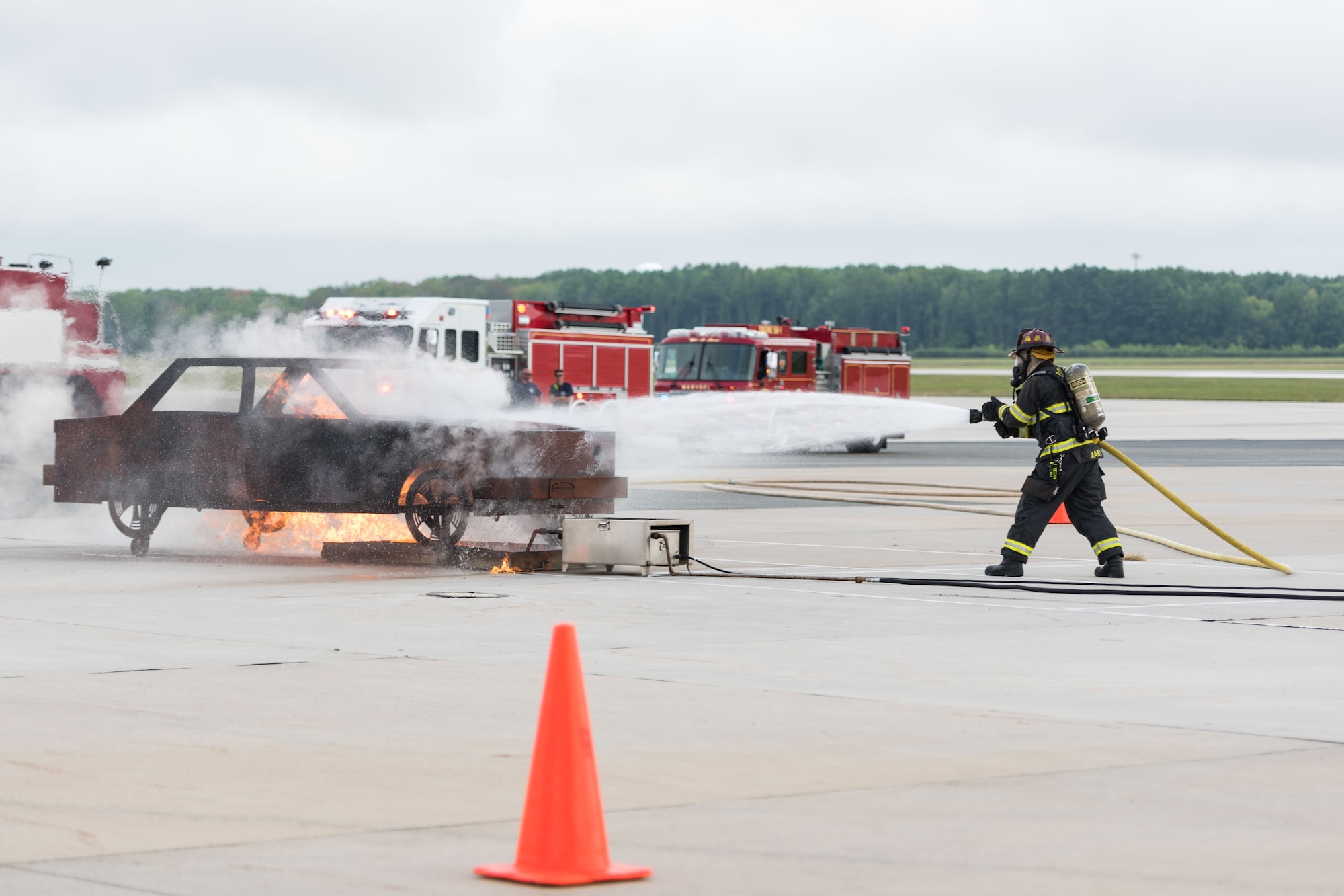 Dover Air Force Base and local civilian first responders assist simulated casualties while reacting to a simulated aircraft accident during a Major Accident Response Exercise Aug. 17, 2019, at  Dover AFB, Del. Multiple Dover AFB units and off-base community partners worked hand-in-hand throughout the exercise in preparation for the upcoming Air Show and Open House, Sept. 14-15. (U.S. Air Force photo by Staff Sgt. Damien Taylor)