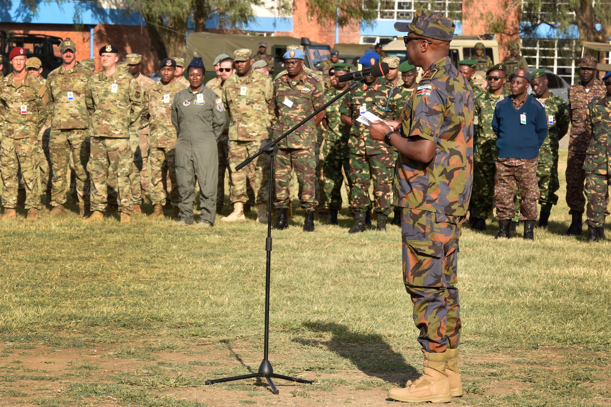 Maj. Gen. Francis C. Ogolla, commander of the Kenya air force, provides opening remarks to start the African Partnership Flight Kenya event at Laikipia Air Base, Kenya, August 20, 2019.