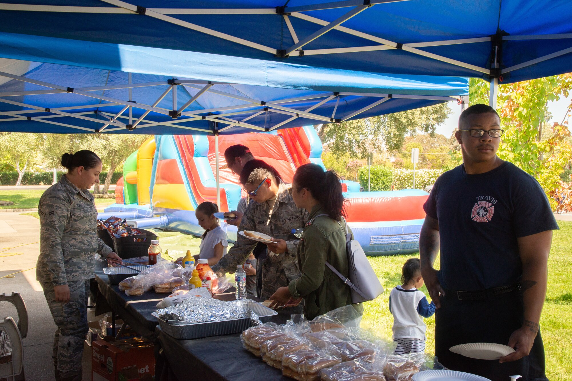 349th Air Mobility Wing Airmen and their family members participate in Operation Family Circle Aug. 10, 2019, at Travis Air Force Base, Calif.