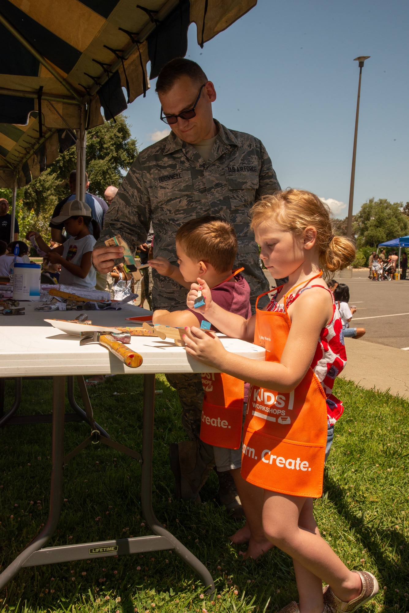 349th Air Mobility Wing Airmen and their family members participate in Operation Family Circle Aug. 10, 2019, at Travis Air Force Base, Calif.