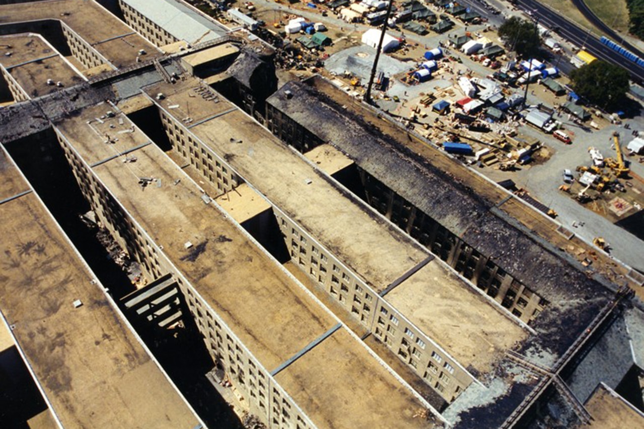 A overhead view of the damage done to the Pentagon.