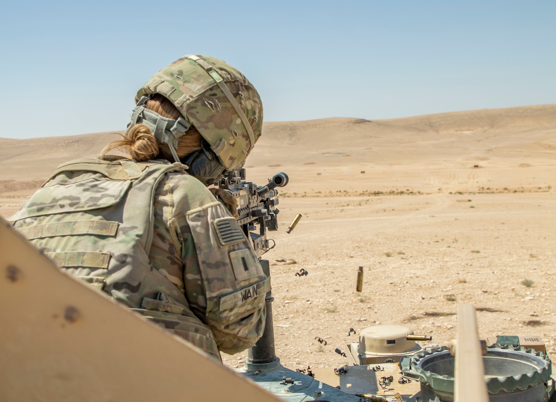 U.S. Army 1st Lt. Jennifer Wain, Bangor, Pa. resident and spur candidate with 1st Squadron, 102nd Cavalry Regiment, 44th Infantry Brigade Combat Team of the 42nd Infantry Division, New Jersey National Guard, engages a target with a M240B machine gun mounted on a Humvee during a Spur Ride at Joint Training Center-Jordan August 12, 2019. The Army’s first priority is readiness - ensuring Soldiers have the tools and training needed to be lethal and ready to fight and win.
