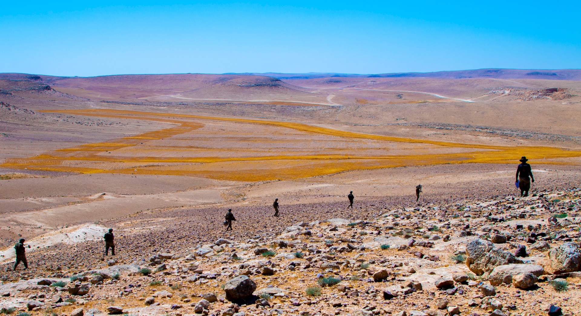 Spur candidates with 1st Squadron, 102nd Cavalry Regiment, 44th Infantry Brigade Combat Team of the 42nd Infantry Division, New Jersey National Guard, descend tactically down a hill during a Spur Ride at Joint Training Center-Jordan in August 2019. The Army’s first priority is readiness - ensuring Soldiers have the tools and training needed to be lethal and ready to fight and win.
